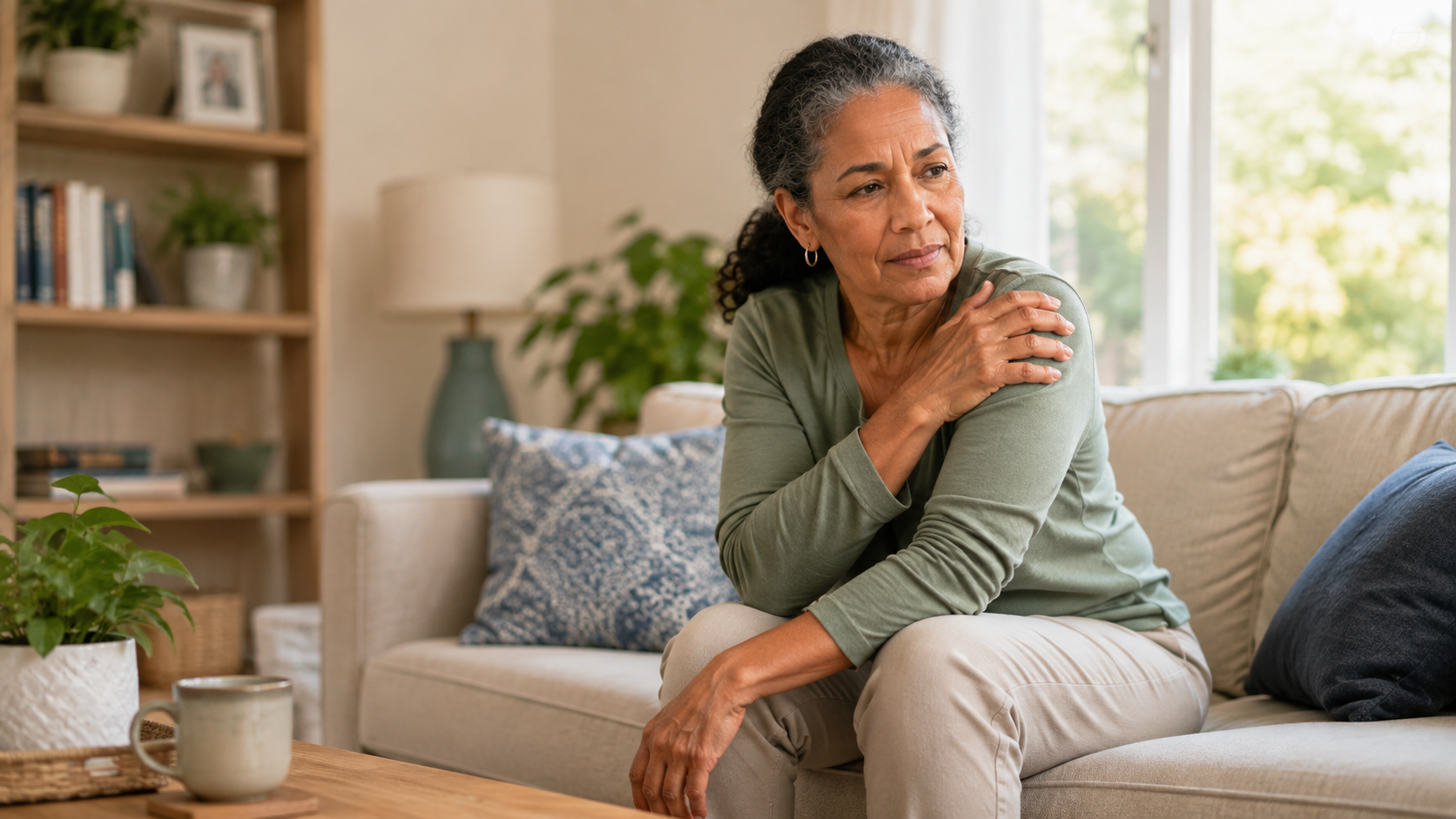 Woman over 50 with shoulder stiffness, illustrating stiff joints after 50